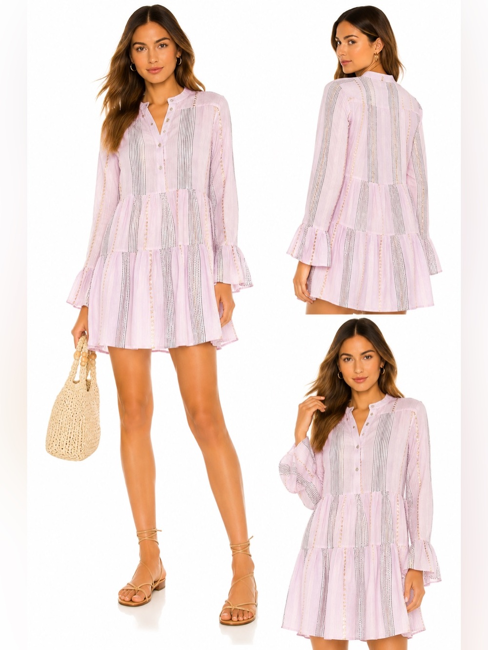Lemonwood 100% Cotton Pink Tiered Tunic Blouse Gold Stripe Ruffle Sleeve Large